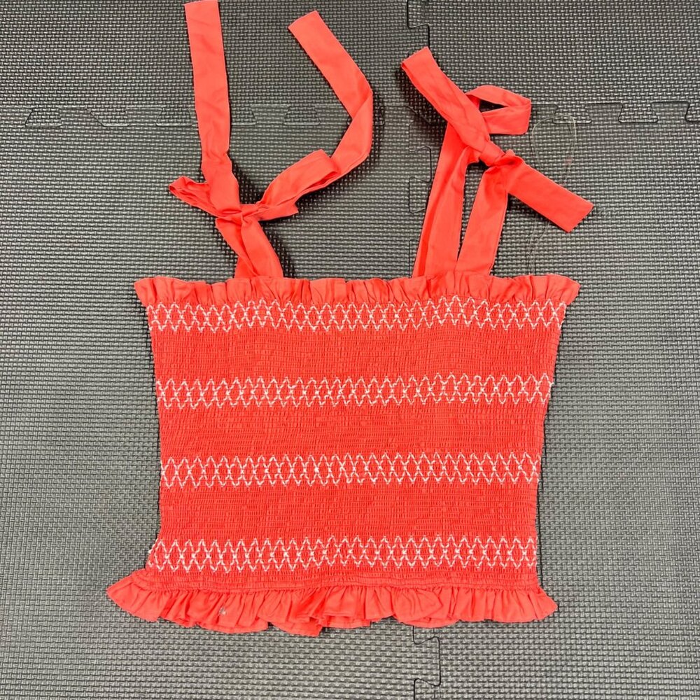 Red Smocked Sleeveless Top With Adjustable Tie Straps & Ruffle Hem